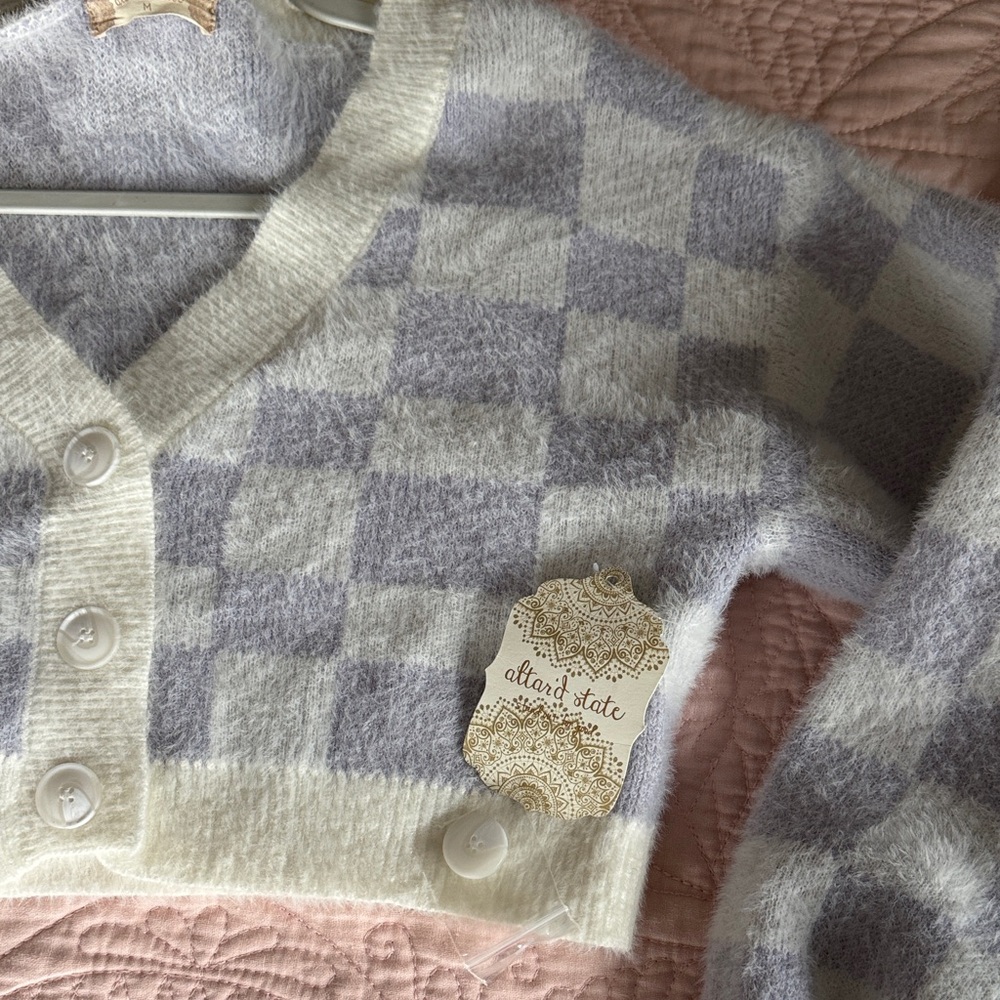 Altar'd State Cream and Purple Checkered Cropped Cardigan - Picture 4 of 13